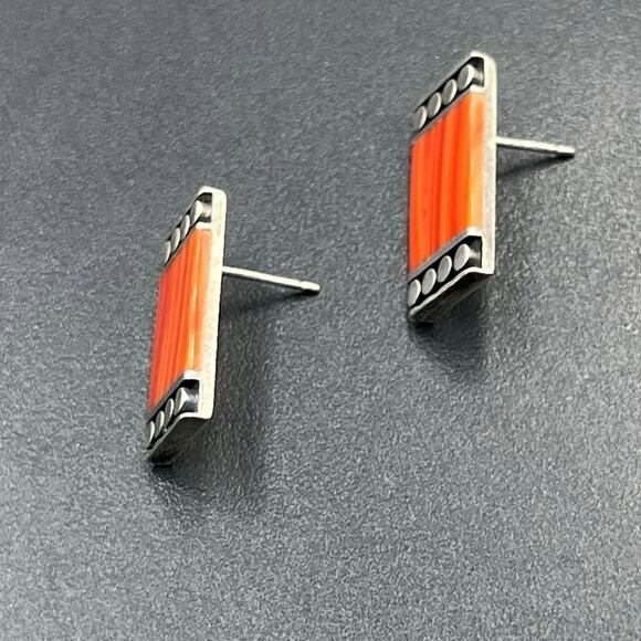 B Designer Vintage Art Deco Sterling Silver and Red Coral Rectangular Earrings - Picture 4 of 9
